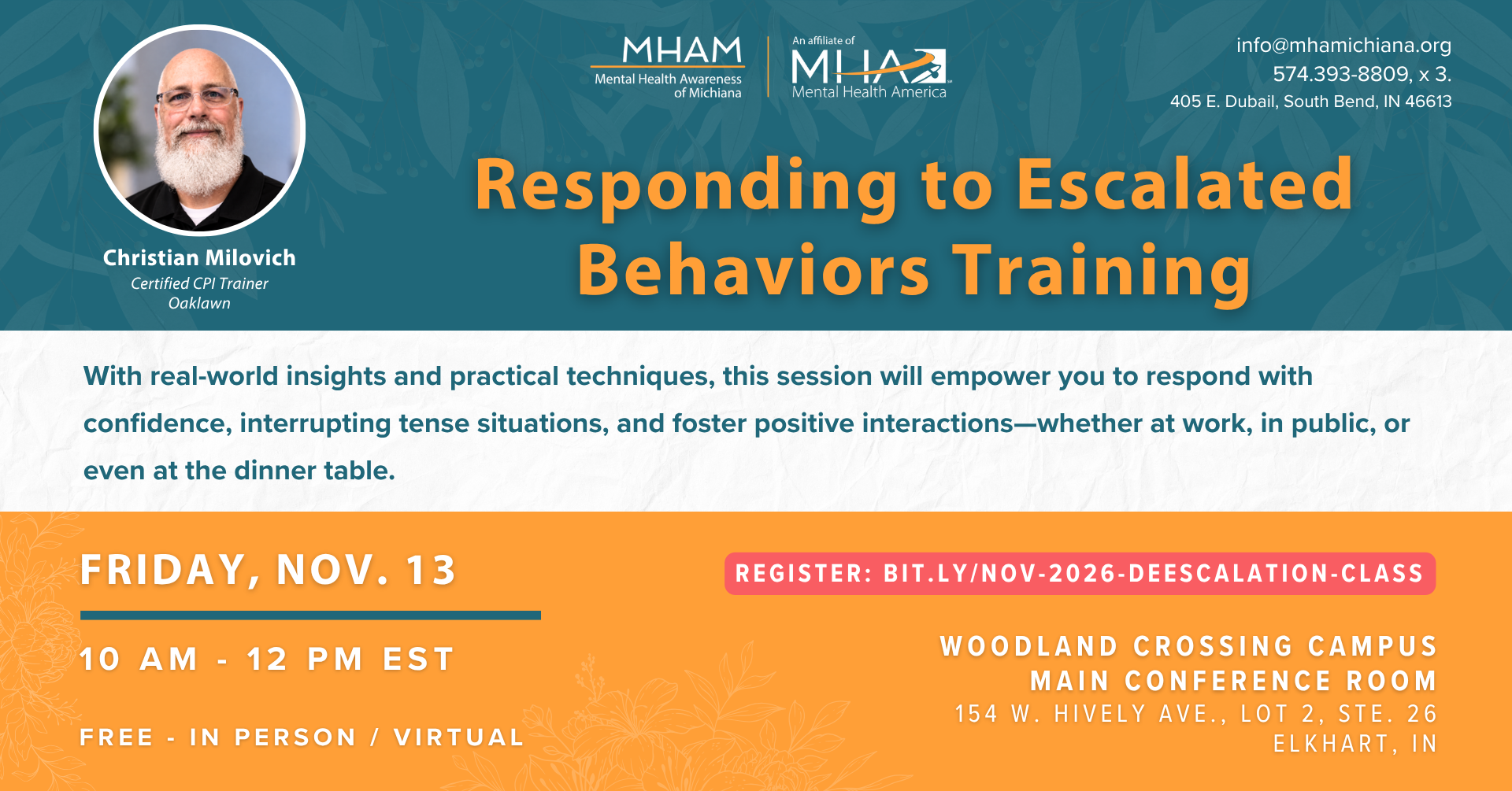 MHAM November 2026 Responding to Escalated Behaviors Training header